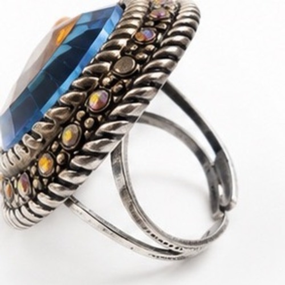 Vintage Blue Honey Carmel Glass Pyramid Ring Silver Tone Faceted Adjustable - Picture 5 of 10